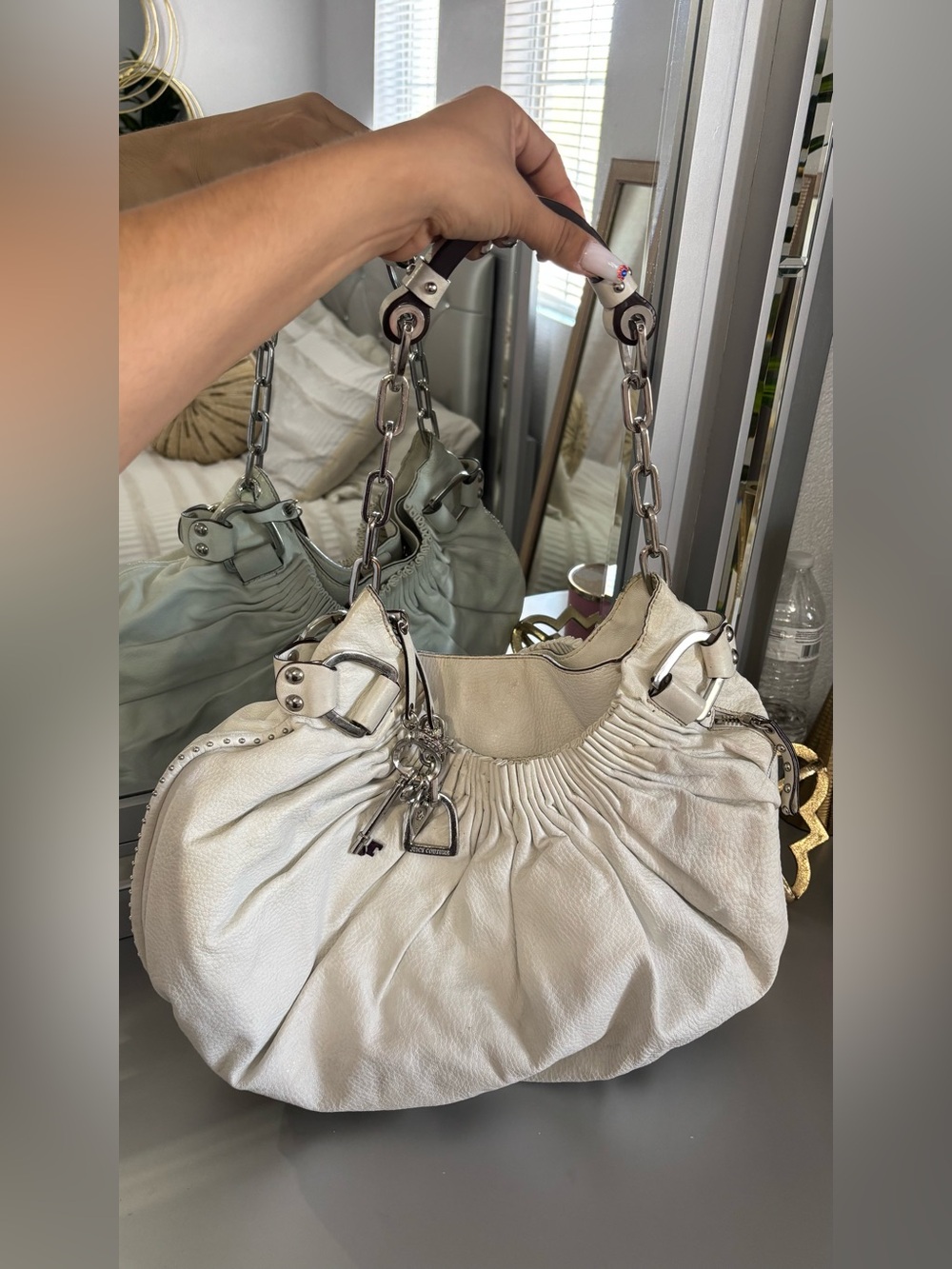 JUICE COUTURE Cream Leather Shoulder Hobo with Silver Hardware